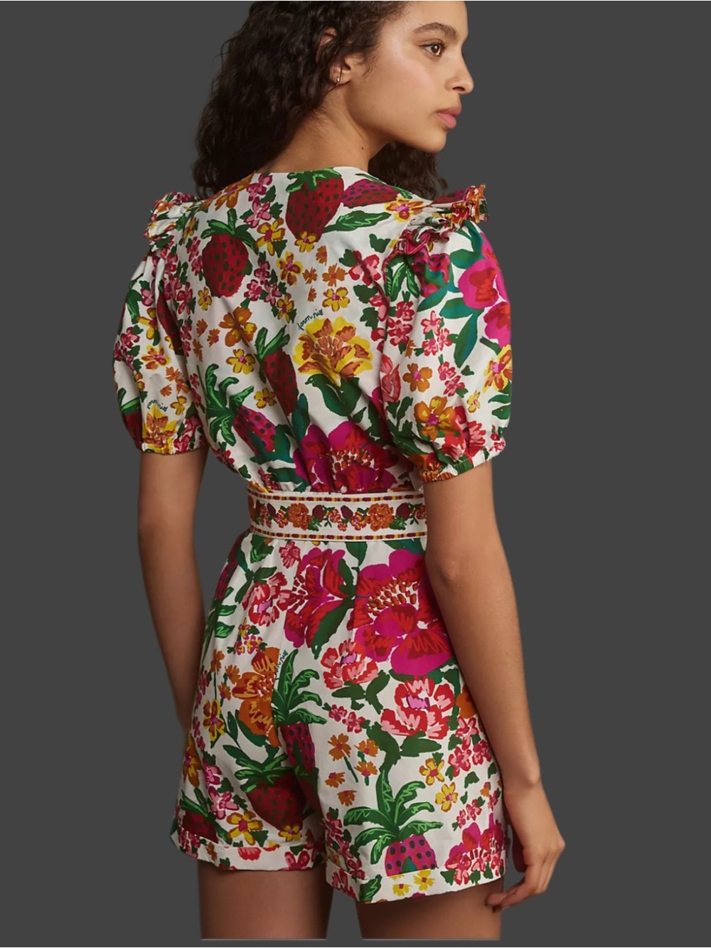 NWT Farm Rio Off White Cotton Floral Print Sketch Cotton Belted Romper Size XS - Picture 4 of 15